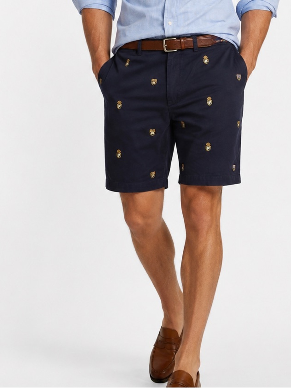 Ralph Lauren Preppy 100% Cotton Navy Embroidered Crest Flat Front Shorts Size 36